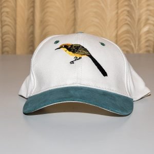 natural baseball cap with green peak and embroidered helmeted honeyeater