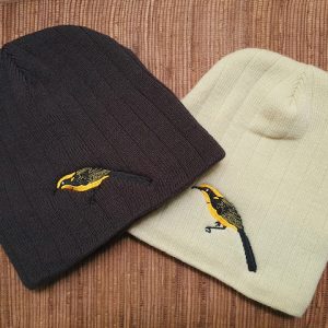 charcoal cable knit beanie no brim with embroidered helmeted honeyeater